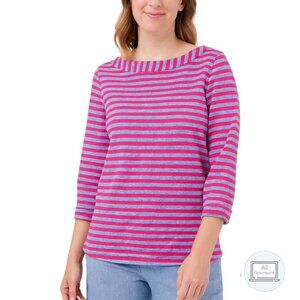 Talbots Womens Bateau Neck Nautical Top Pink Blue Stripe 3/4 Sleeve Petite Mp